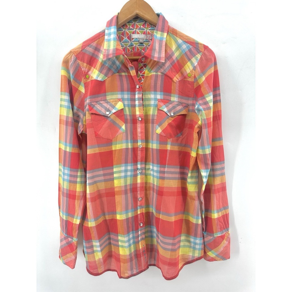 Tin Haul Western Plaid Snap Button Shirt Womens L Bright Neon Rodeo Cowgirl AA12 - Picture 2 of 12